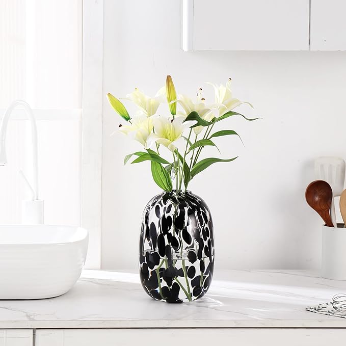 Black Glass Vase, Large Glass Flower Vases for Bouquets, Tall Floor Vase for Living Room, Dining Table, Mantle, Shelf, Wedding, Office, 10 Inches