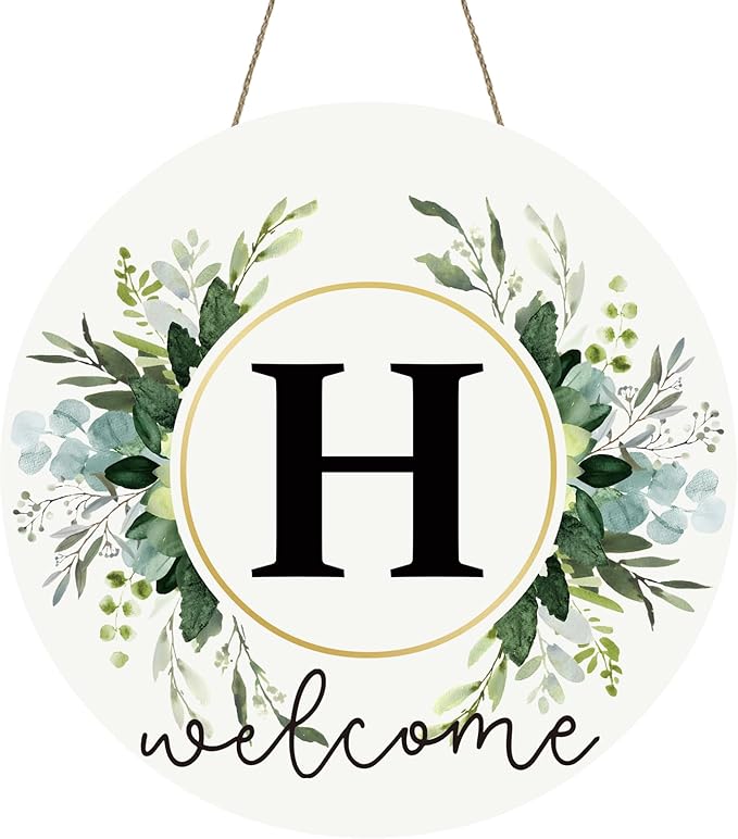 Monogram Letter H Wreaths for Front Door Wreath Wooden Welcome Sign for Front Door Decor Floral Family Last Name Initial House Warming Spring Summer Porch Rustic Wall Home Kitchen Boho Decorations