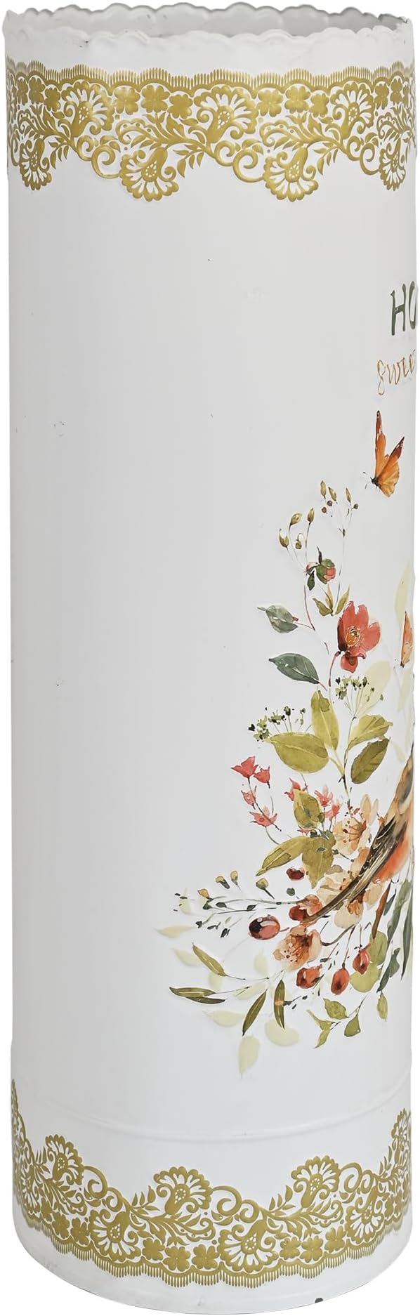 Vintage Metal Round Umbrella Holder Decorative Flower Design Umbrella Stands Entryway Organizer Bucket for Home/Office/Farmhouse - Holds Multiple Umbrellas, Walking Sticks & Canes Flower White