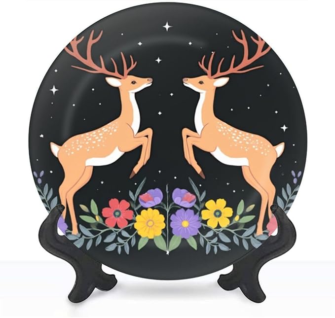 Decorative Plates for Display 8" Symmetrical Deer Floral Arrangement Starry Night Sky Ceramic Ornament with Display Stand and Hook Up for Wall Decor Hanging Festival Wedding Gift