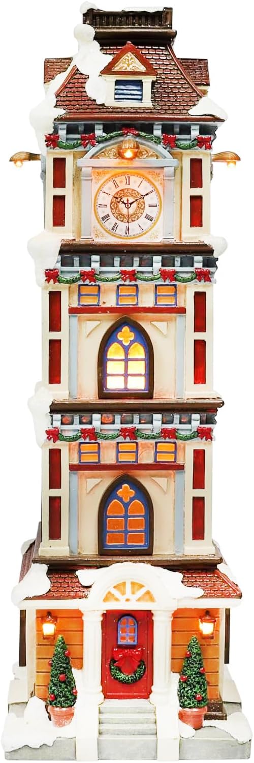 MOMENTS IN TIME Lighted Christmas Clock Tower 14.5” LED Hand-Painted Polyresin Village Decoration Battery Operated Elegant Holiday Tabletop Collectible Gift Ready Tabletop Décor