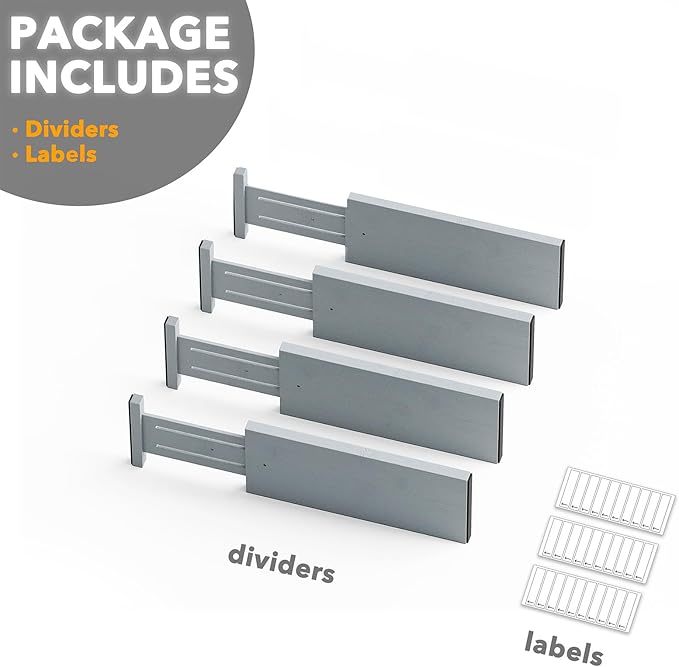 SpaceAid Bamboo 4 Pack Dresser Drawer Dividers, 4.65“ High Adjustable 12.5“-17” Drawer Organizers, Expandable Organization for Clothing, Clothes, Dressers, Gray