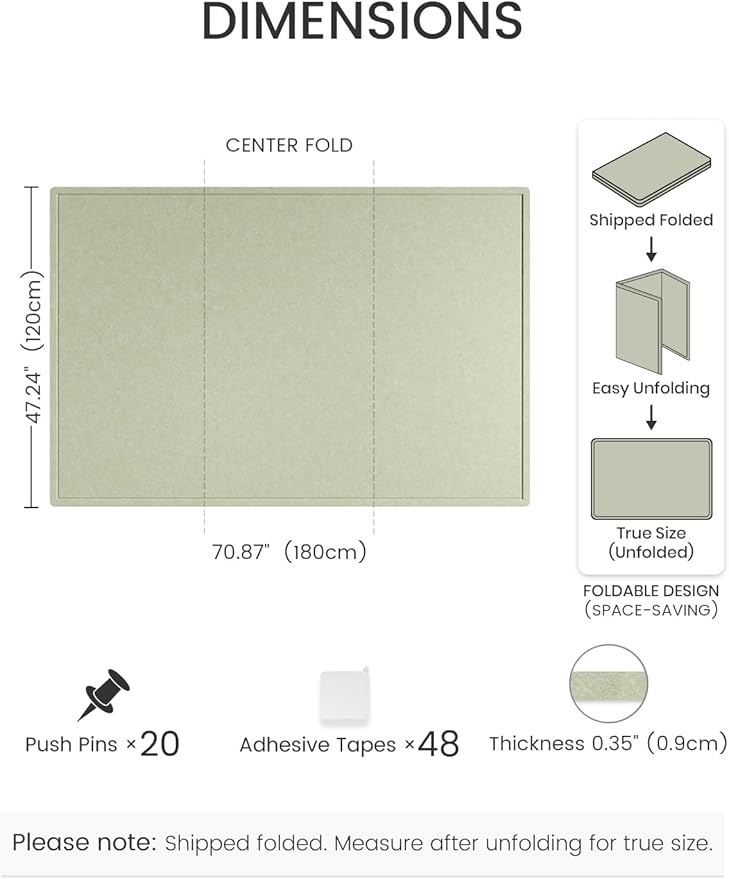 Fluxynara Large Bulletin Board, 70.8" x 47.2" Cork Board Alternative with 48 Safe Removable Adhesive Tabs, Foldable Felt Pin Board for Home Office, Classroom, Bedroom,Entryway for Walls—Sage