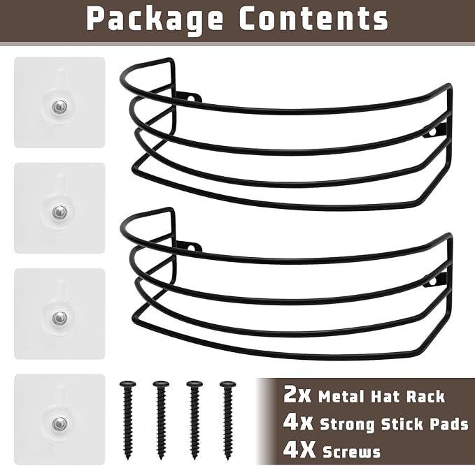 Hat Organizer for Baseball Caps, 2-Pack Black Metal Hat Rack for Wall Door, Adhesive/Wall Mounted Hat Storage Holder Small Closet Organizers and Storage Solution Ideas