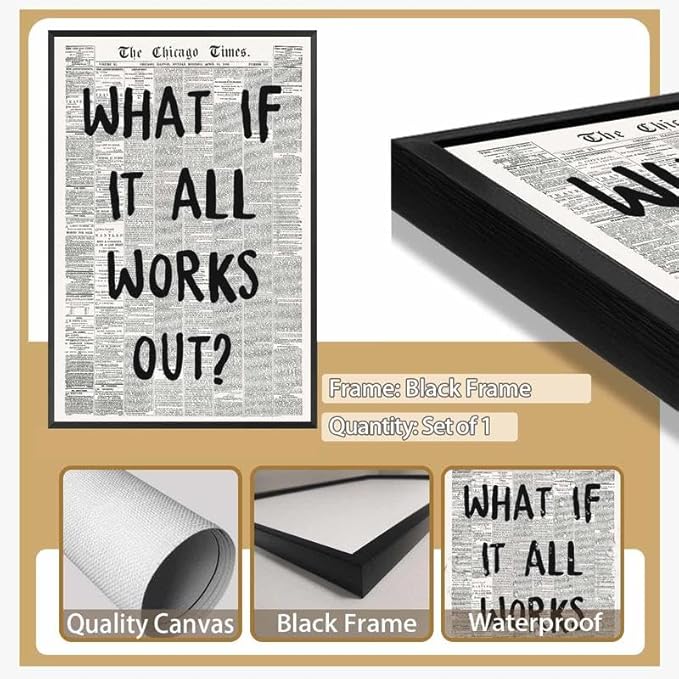Framed What If It All Works Out Wall Art Black and White Retro Newspaper Poster Positive Motivational Canvas Print Painting Inspirational Quote Picture Wall Decor for Office Home Bedroom 16x24inch