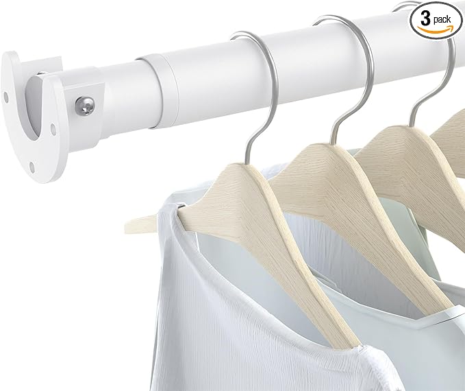 3 Pack Closet Rods for Hanging Clothes, 17 to 84 Inch Heavy Duty Stepless Adjustable Closet Hanging Rod, 1.3 Inch Diameter Metal Closet Rod for Wardrobes Laundry Bedroom RV, White