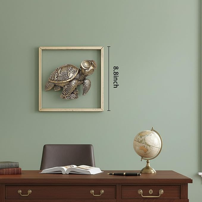 Newinhome Animal Heads Wall Decor (Includes Metal Frame) Resin sea turtle Sculptures Wall Hanging Decoration Gold vintage Wall Sculpture for Living Room Bedroom Office(Turtle)