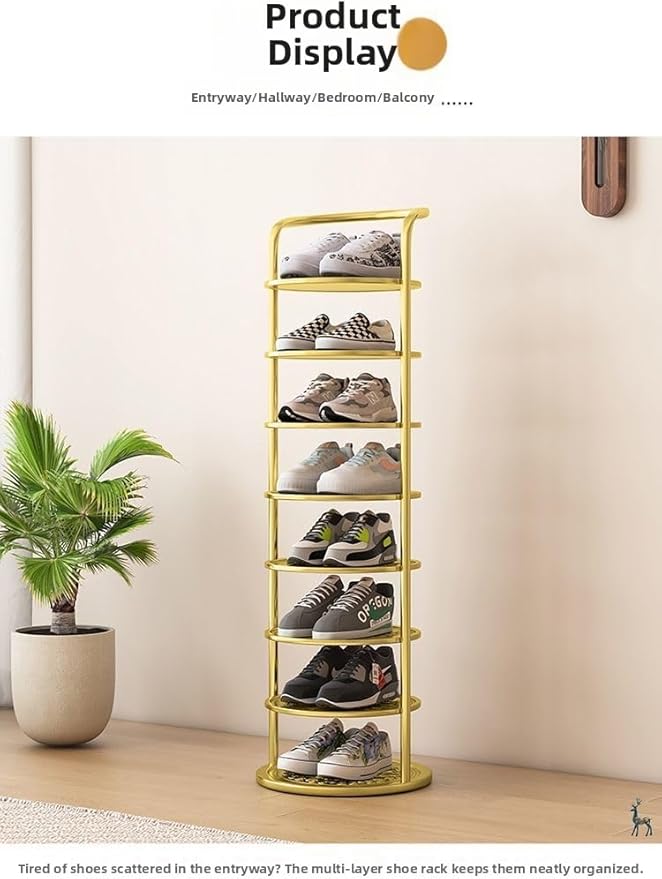 Bamboo Shoe Rack Organizer, 2-10 Tiers, Natural or Tea Color, No-Tool Assembly, Foldable Storage Shelf (Round Eight-Layer Gold)