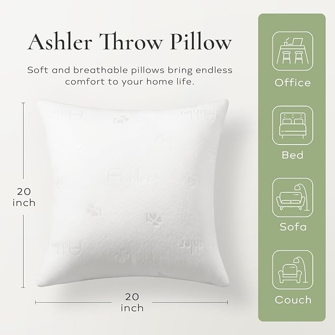 Ashler Throw Pillows Insert- 20x20 Pillow Inserts with Air Layer, Premium Bed and Couch Pillows - Indoor Decorative Throw Pillow, Square Cushion Sham Stuffer, Pack of 2, White