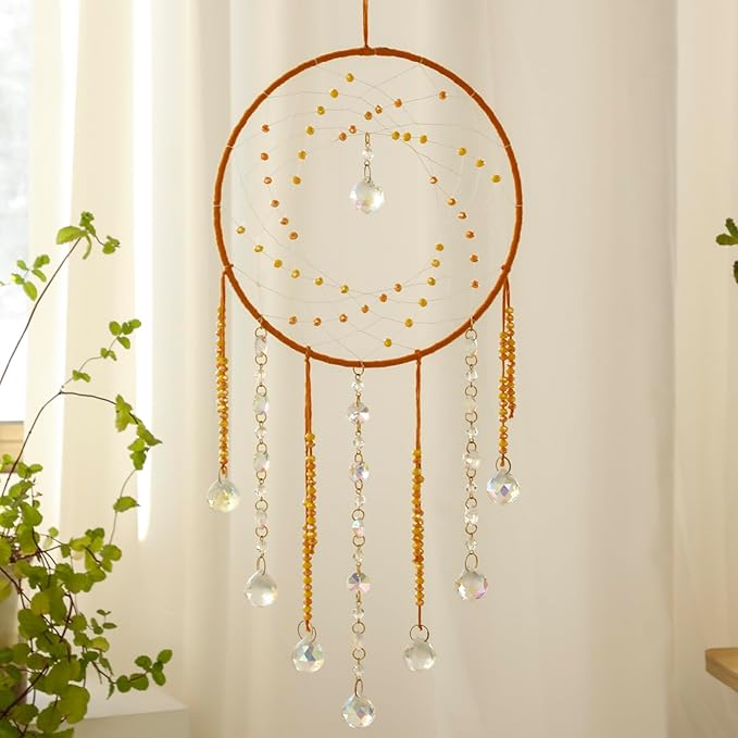 Artilady Dream Catchers with Crystals - Large Boho Yellow Moon Dream Catcher Wall Decor House Decorations for Home Girls Kids Baby Bedroom Room Decor Christmas Birthday Teen Girl Boys Gifts