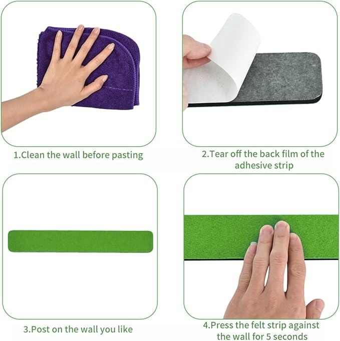 Vuzvuv 8 pcs Bulletin Board Bar Strips with 50 Pushpins & 10 Wooden Clip pins，Self Adhesive Cork Board for Wall，Felt Pin Board for School，Office Decor(Multi-Green)