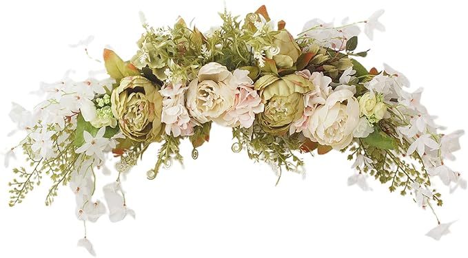 IUIBMI 29.5 inch Wedding Arch Flowers, Spring Decorative Peony Swags with Green Leaves Rustic Artificial Floral Swag Peony Door Wreath for Front Door Wedding Arch Wall Decor (E)