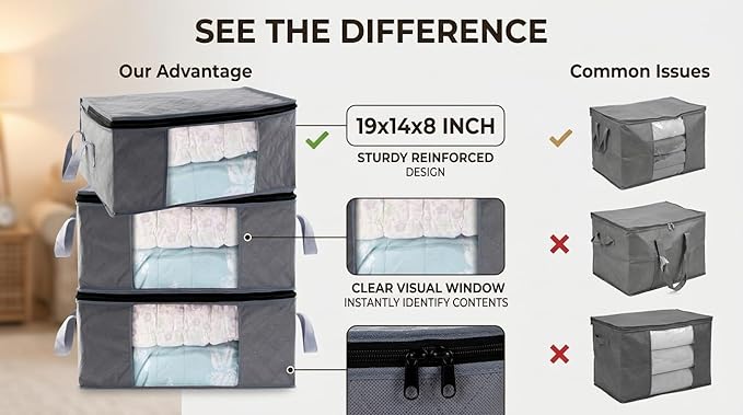 Storage Clothes Bins Closet Bags - 35L Containers Organizer Boxes Clothing Bin Organization for Organizing Blanket Pillow Sheet Sweater, Foldable Bedroom Small Storage Totes With Lids Zipper, 3pc Pack