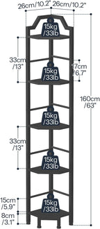 HOOBRO Narrow Corner Shelf Stand, 5-Tier Corner Shelf, 63” Tall Multipurpose Corner Bookshelf, Standing Display Shelf Plant Stand, for Living Room, Study, Kitchen, Black BB100CJ01