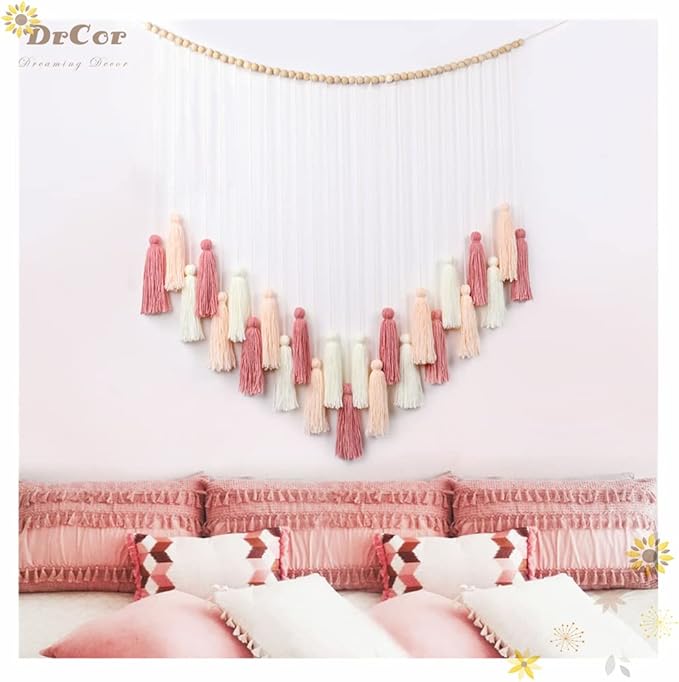 DrCor Blush Pink Boho Macrame Wall Hanging – Handmade Rose Gold Tassel Decor for Nursery, Dorm, Baby Shower, Wedding, Cozy Home or Classroom Display