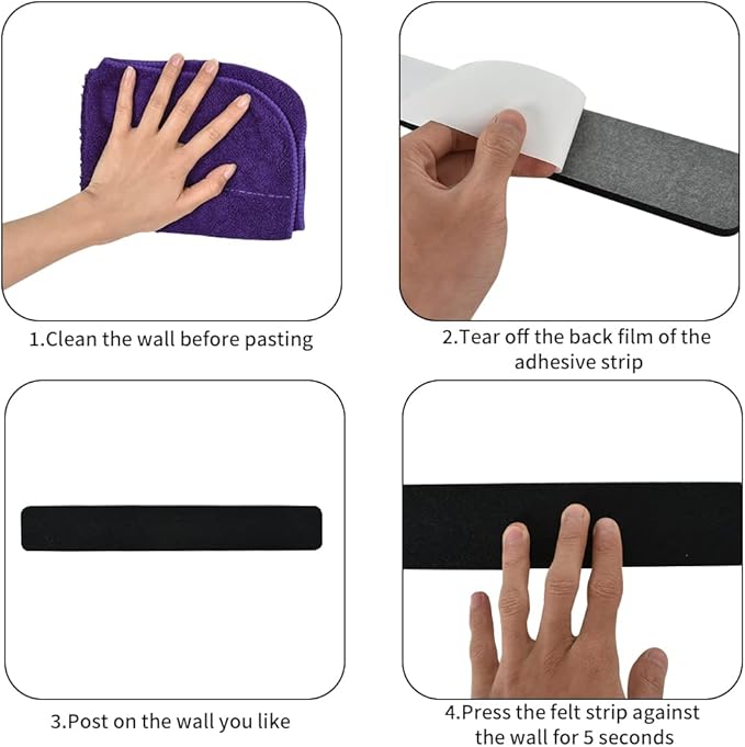 Vuzvuv 8 pcs Bulletin Board Bar Strips with 50 Pushpins & 10 Wooden Clip pins，Self Adhesive Cork Board for Wall，Felt Pin Board for School，Office Decor(Black)