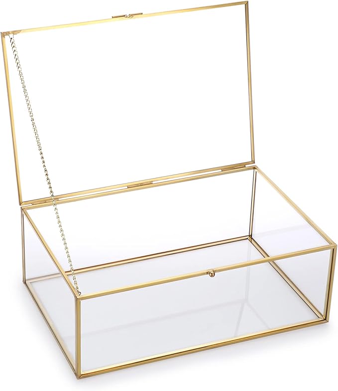 Hipiwe Vintage Glass Keepsake Box - Rectangle Jewelry Display Organizer, Vanity Lidded Home Decor Accent for Storage Trinket Rings Bracelet Rock - X-Large