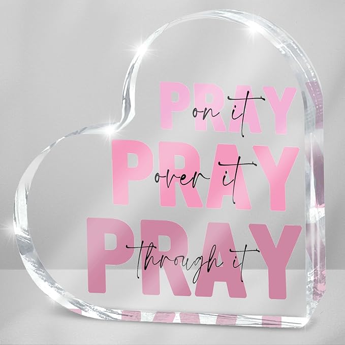 Pink Christian Gifts for Women, Pink Bedroom Decor, Pray On it Pray Over it Through it Acrylic Sign Decorative for Home Pastor Farmhouse Living Room Church Table Desk Bookshelf, St. Patrick's Day Decor