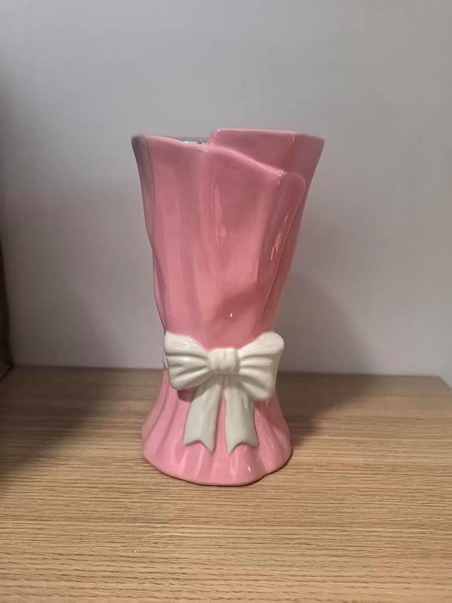 Pink Bow Vase, Hot Pink Flower Vase for Home Decor, Ceramic Vases for Boho Style, Small Cute Vases for Ideal Shelf Decor/Table/Living Room. (Pink 6, Large)