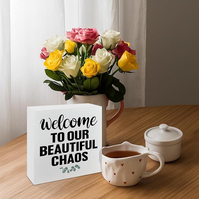 Farmhouse Home Decor, Welcome To Our Beautiful Chaos Wooden Sign, Living Room Wall Art, Family Room Signs, Housewarming Gift, Box Sign Decor Tabletop, Hallway Decoration, 5.1x5.1inches