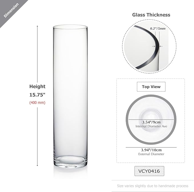 WGVI Quality Thick Weighted Tall Clear Cylinder Glass Vases, 4" W x 16" H, Flower Arrangement Floating Candle Holders Wedding Centerpieces Event Floral Container Home Decor, Bulk Wholesale, 6 Pcs