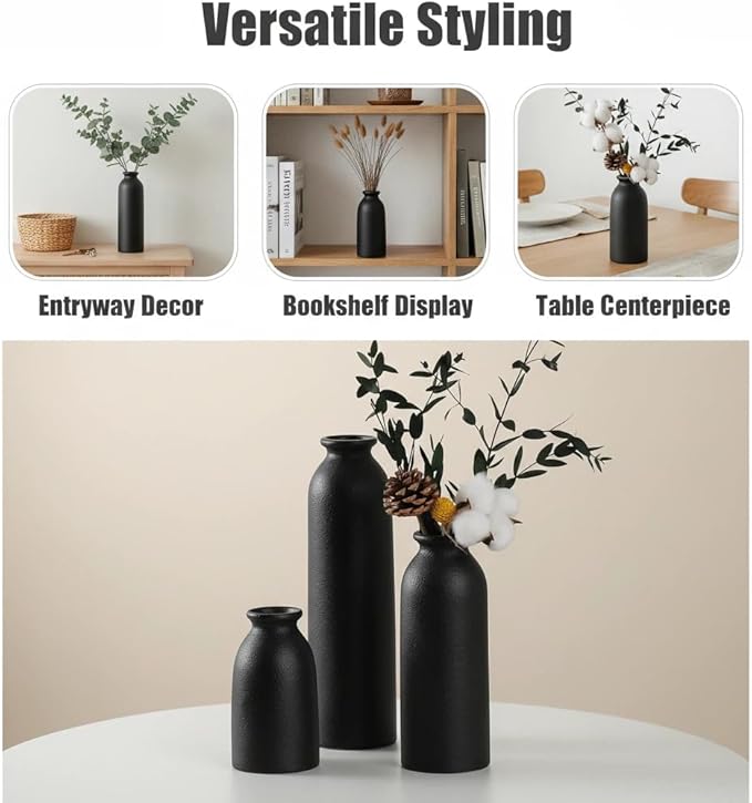 CEMABT Black Ceramic vase Set-3 Flower vases for Decor,Modern Boho Farmhouse Home Decor,Decorative vase for Pampas Grass&Dried Flowers,idea Shelf,Table,Bookshelf