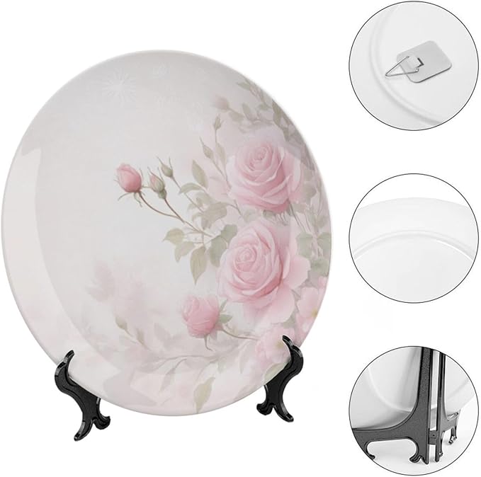 Rose Theme Decorative Ceramic Plate Round Porcelain Plate,7 inch,Floral Watercolor Pattern,for Decorative Ornaments Giving Plates,1 Plate with 1 Display Stand,Green Pink