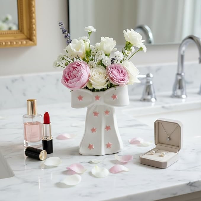 White Bow Vase, White and Pink Flower Vase for Home Decor, Ceramic Vases for Boho Style, Large Cute Vases for Ideal Shelf Decor/Table/Living Room. (Pink 3, Large)
