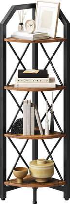CHOEZON 4-Tier Rustic Brown and Black Corner Shelf, 4-Shelf Industrial Corner Bookshelf, Space-Saving Corner Storage Stand, Plant Stand Display Shelf, Bedroom, Living Room, Home Office