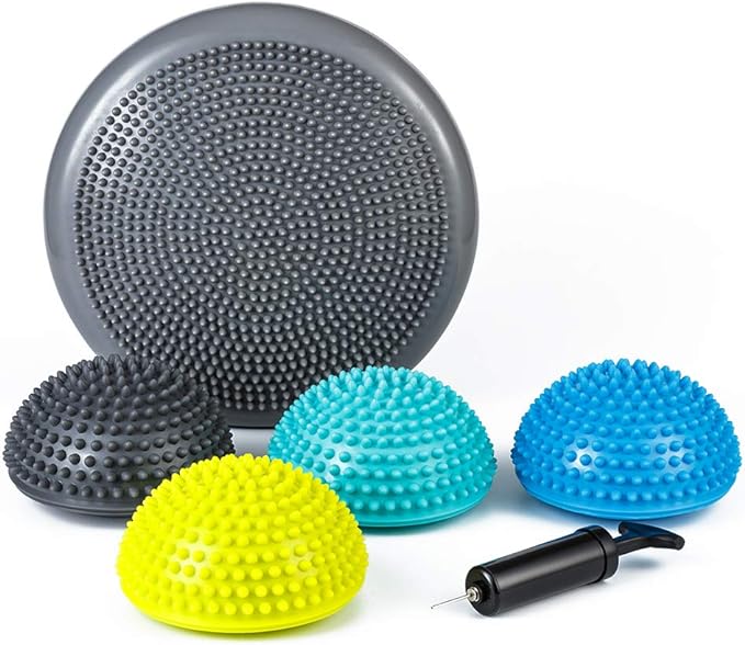 StrongTek Hedgehog Balance Pods with Hand Pump, Stability Balance Trainer Dots Plus Large Balance Pad, Core Body Balancing, Inflatable Stepping Pads, Sensory Wiggle Seats for Kids (Set of 5)