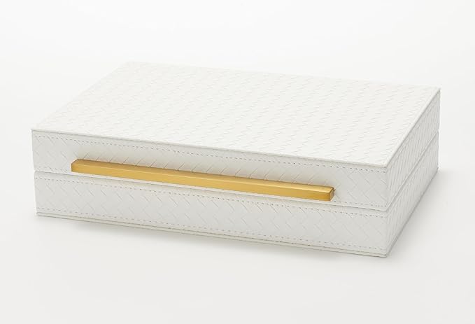 Kingflux White Wooden Keepsake Box With Faux Leather and Brushed Gold Handle, Gift and Storage Box for Vanity, Coffee Table, Shelf, Cosmetic, Jewelry Organizer