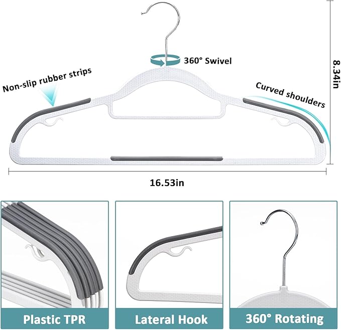 Pack of 30 Clothes Hangers, Space Saving Plastic Hangers, Non-Slip, 0.2 Inches Slim, 360° Swivel Silver Hook for Shirts, Pants & Wet/Dry Garments, White and Dark Gray