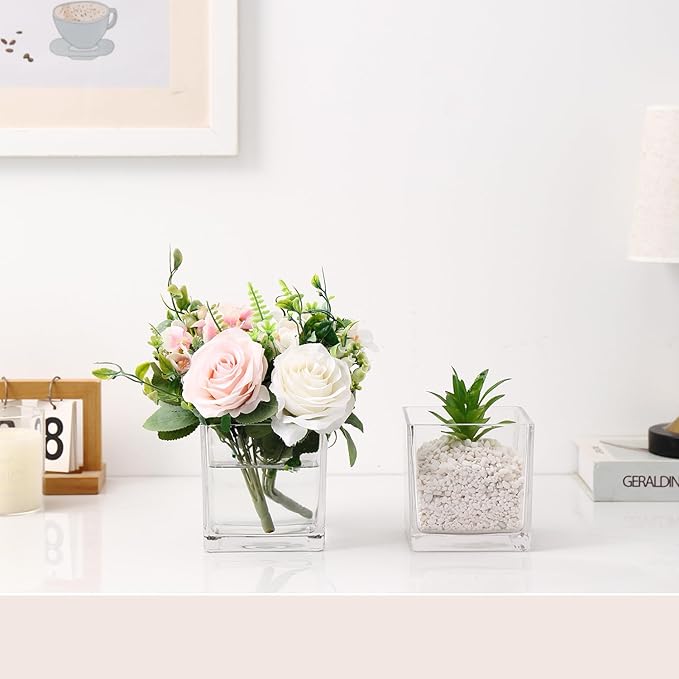 Square Glass Vases Set of 9, 4"x 4"x 4" Flower Vases for Centerpieces, Clear Glass Vase for Flowers, Small Vase for Wedding, Party, Home Office Decoration