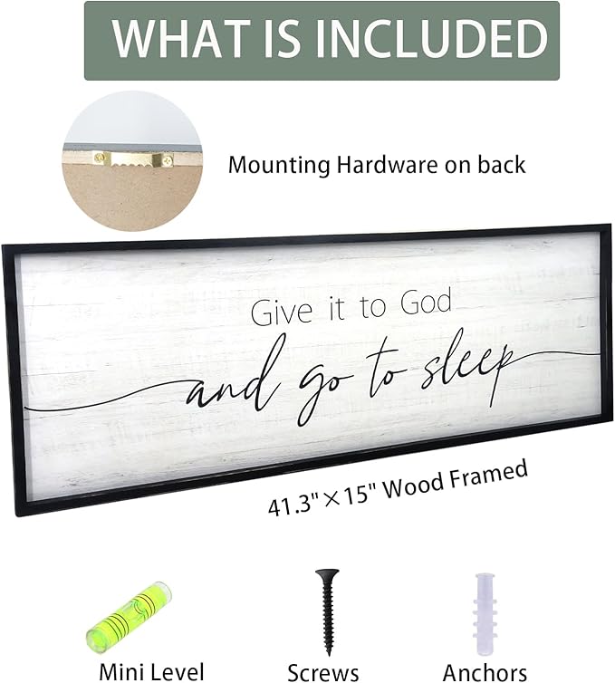 Give It to God and Go to Sleep Sign Framed Large 41''×15'' Above Bed Wall Decor for Bedroom Farmhouse Wall Decor Guest Room Decor Rustic Master Bedroom Wall Decoration Wood Wall Art (black frame)
