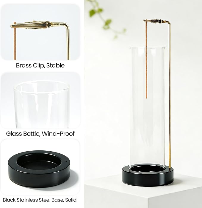 Incense Holder for Sticks, Anti-Ash Flying Incense Burner with 30 Incense Sticks, Detachable Glass Ash Catcher (Stainless Steel, Black)