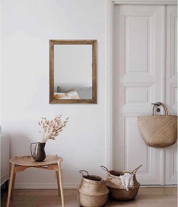 AAZZKANG Rustic Wood Mirror Rectangle Decorative Wall Mirrors with Frame for Bedroom Living Room Bathroom Entryway Hanging Small Brown