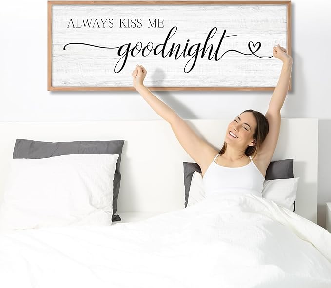 Always Kiss Me Goodnight Wall Sign Above Bed 41.3''×15'' Large Farmhouse Wall Decor for Bedroom Couples Room Decor Framed Wood Wall Art Rustic Master Bedroom Wall Decoration (brown frame)