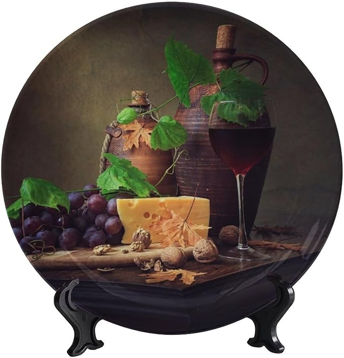 Wine Decorative Plates, 8 Inch, Cheese and Walnut Wine Round Display Plate, Table Top Plate Decor with Stand, for Display Living Room Kitchen Closet Table Decor