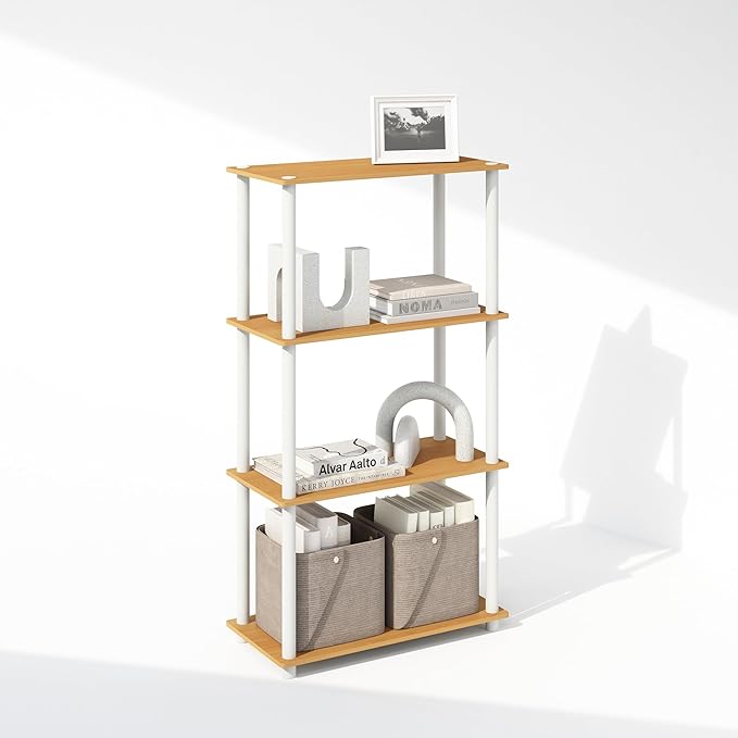 Furinno Turn-N-Tube Book Shelf, 4-Tier Bookshelf, Bookcase with Multipurpose Compact Display Rack, 11.6 x 23.6 x 43.2, for Living Room, Bedroom, Home Office, Beech/White