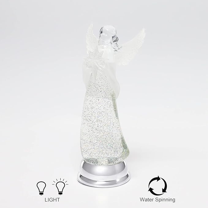 Christmas Angel Snow Globe Water Spinner LED Light Battery Operated Glitter Angel Figurine 12.8” Tabletop Christmas Decoration Holiday Home Décor by Moments in Time