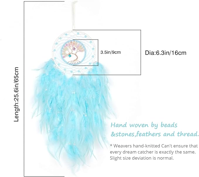 Dreamlike Cyan Blue Tree of Life Dream Catcher Wall Decor with Healing Crystal Stone Handmade Feather Dream Catchers Decoration Wall Hanging for Girls Bedroom Living Room Wedding Party Home Décor