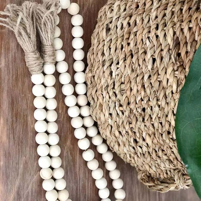 IMIKEYA Wooden Bead Tassel Decoration 57 Inch Natural Wood Beads Garland for Farmhouse Boho and French Country Home Decor Perfect for Tiered Trays and Centerpieces