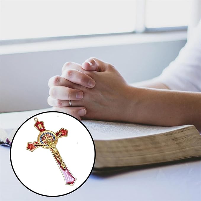 Bovemee Saint Benedict Benedictine Red Enamel 4.7X2.7 Inch Protection Wall Crucifix Cross Catholic San Benito Medalla Prayer Decoration