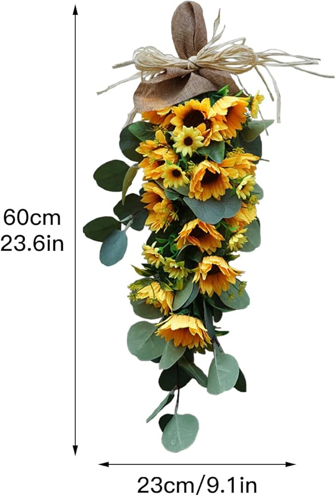Artificial Sunflower Teardrop Swag, Spring Sunflower Swag, Summer Teardrop Wreath, Sunflower Flowers Wall Hanging, Artificial Eucalyptus Teardrop Swag for Front Door Home Party Wedding Decor(#1)