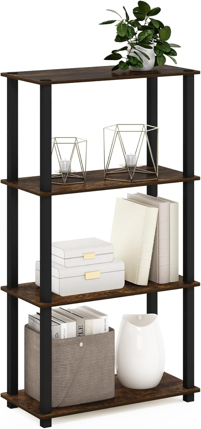 Furinno TURN-S-TUBE Storage Shelves, 4-Tier Book Shelf, Corner Shelf, Toolless Open Shelves, for Organization and Storage, Living Room, Garage, Home Office, Amber Pine