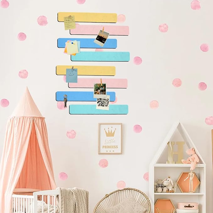 Vuzvuv 8 pcs Bulletin Board Bar Strips with 50 Pushpins & 10 Wooden Clip pins，Self Adhesive Cork Board for Wall，Felt Pin Board for School，Office Decor(Cream Multi-Color)
