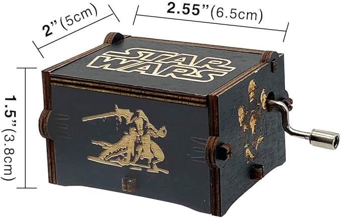 MAD DI Music Box, Wooden Hand Crank Unique Musical Boxes Theme Starwars, Mini Antique Vintage Craft Laser Engraved Home Decorations for Christmas, Wedding, Valentines, Birthday Gifts(Black)