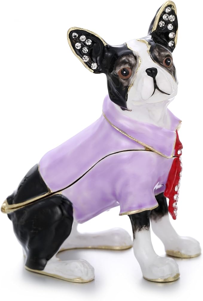 Hand Painted Trinket Box for Home Decor Accents, Enamel Hinged Jewelry Box for Bookshelf Office Table Desk Decoration, Classical Figurine Collectible Keepsake Animal Sculptures (Boston Terrier)