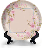 HABEN ARTWORK 8" Ceramic Plates for Display Delicate Pink Floral Frame Oriental Style Border Soft Pink Decorative Plate with Stand and Hook for Kitchen Dining Room Wall Hanging Decor