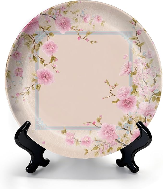 HABEN ARTWORK 8" Ceramic Plates for Display Delicate Pink Floral Frame Oriental Style Border Soft Pink Decorative Plate with Stand and Hook for Kitchen Dining Room Wall Hanging Decor